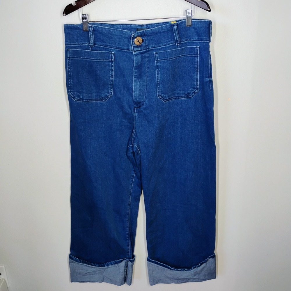 Maeve Anthropologie Colette Jeans Womens 34 Blue Wide Leg Crop Patch Pocket Cuff